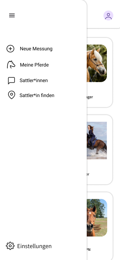 Seitennavigation mit den Hauptbereichen der App