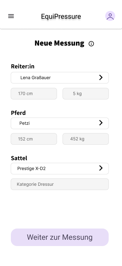 Auswahl von Pferd und Reiter vor dem Start der Messung