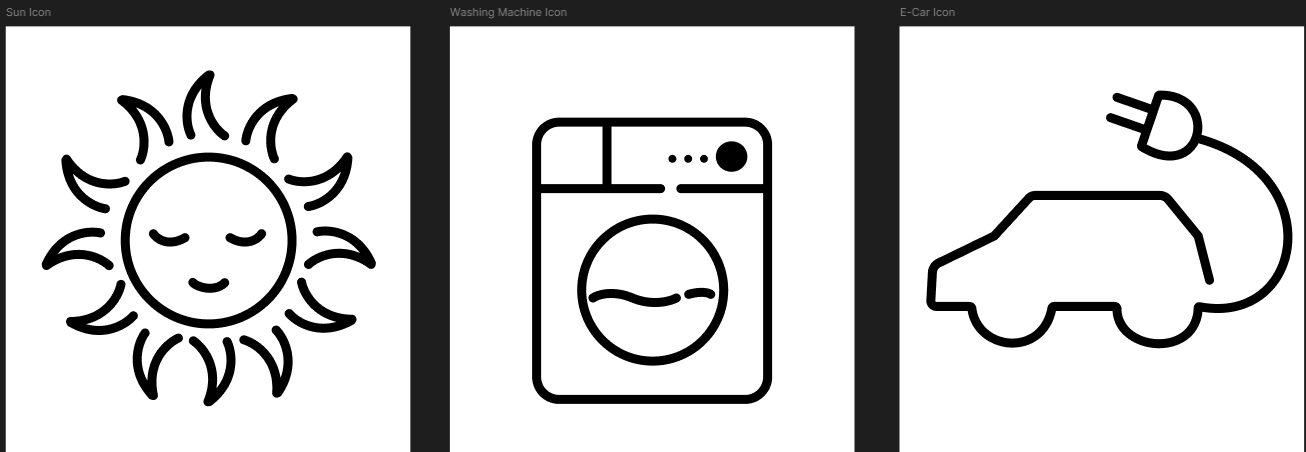 Drei Icons im Linienstil: Sonne, Waschmaschine und E-Auto